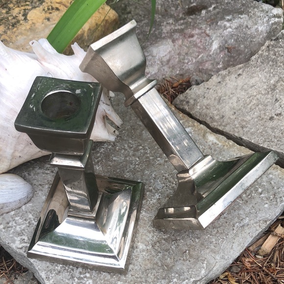 (2) Metal Candle Holders-Silver Toned-Square Base-Tapers-Vintage - Picture 4 of 17